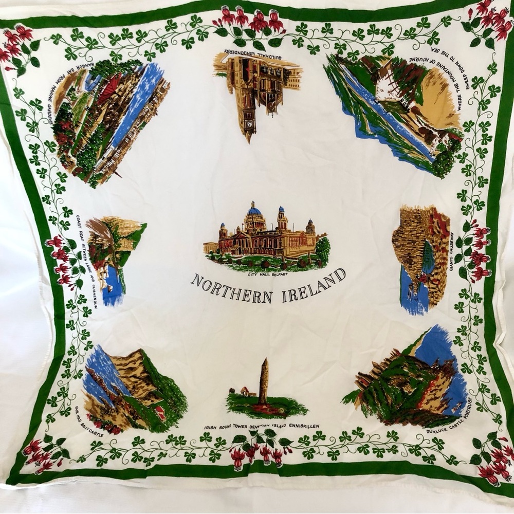 Vintage Northern Ireland Souvenir printed Tablecloth 32 inches towns landmarks